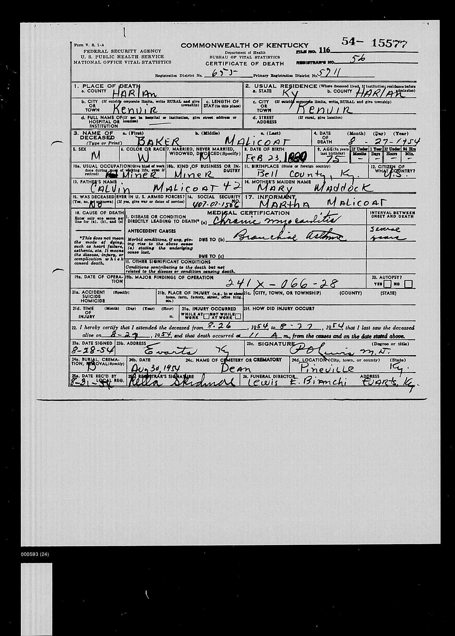 Baker Malicoat Death Certificate