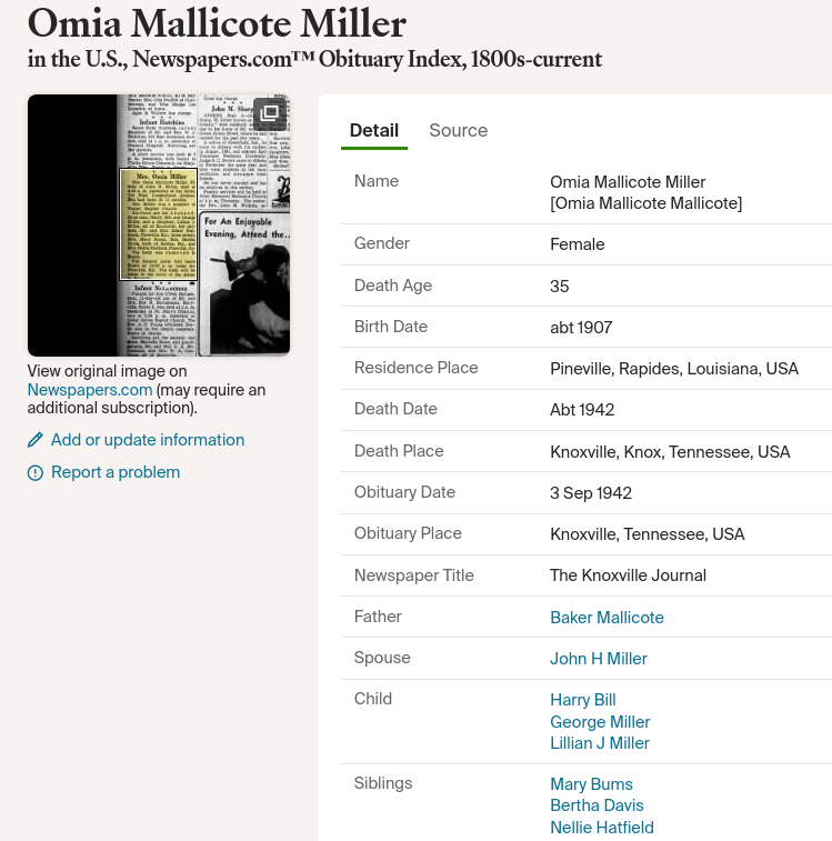 Omia Malicote 1920 Census
